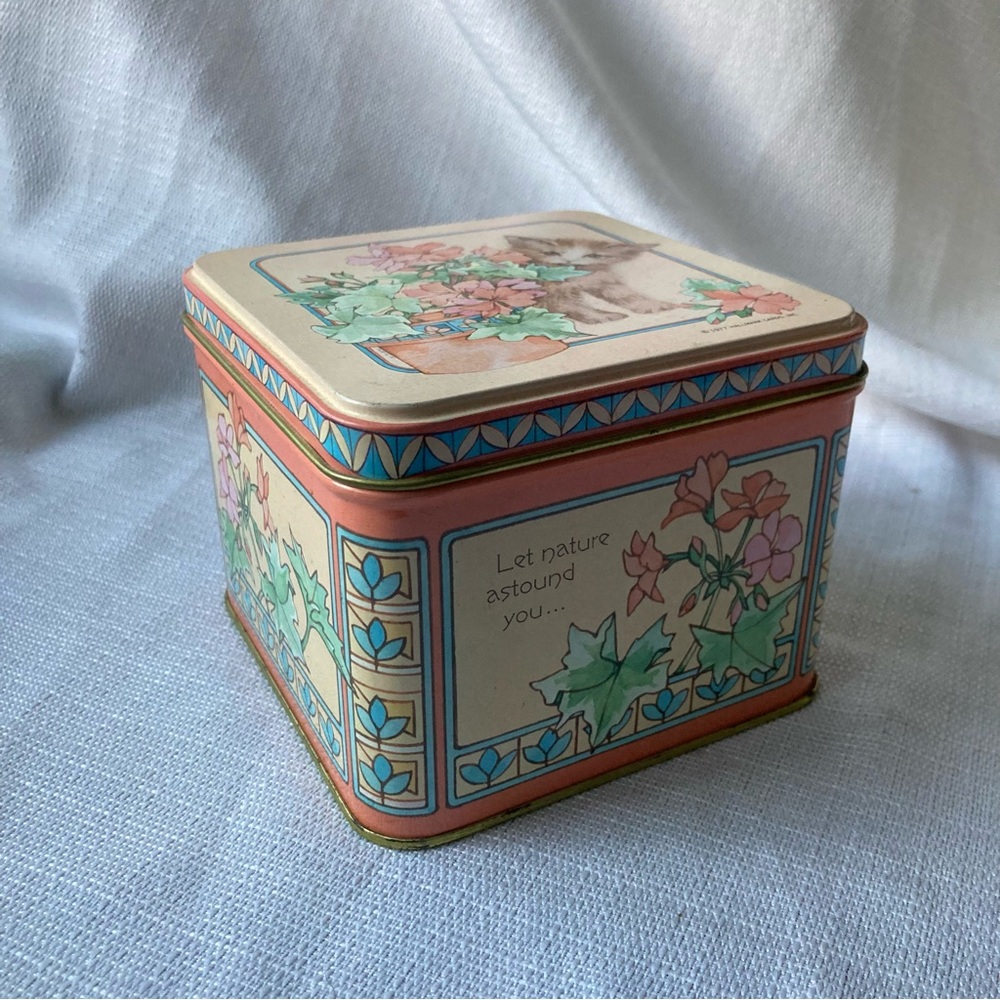 1977 Hallmark Cards Kitten Floral Trinket Tin with saying!